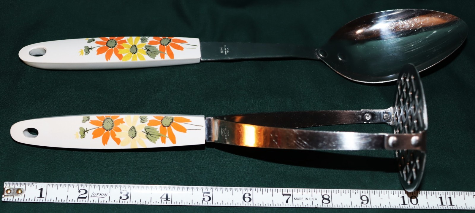 2 Vintage Ekco Country Garden Floral Kitchen Utensils  Serving Spoon & Masher