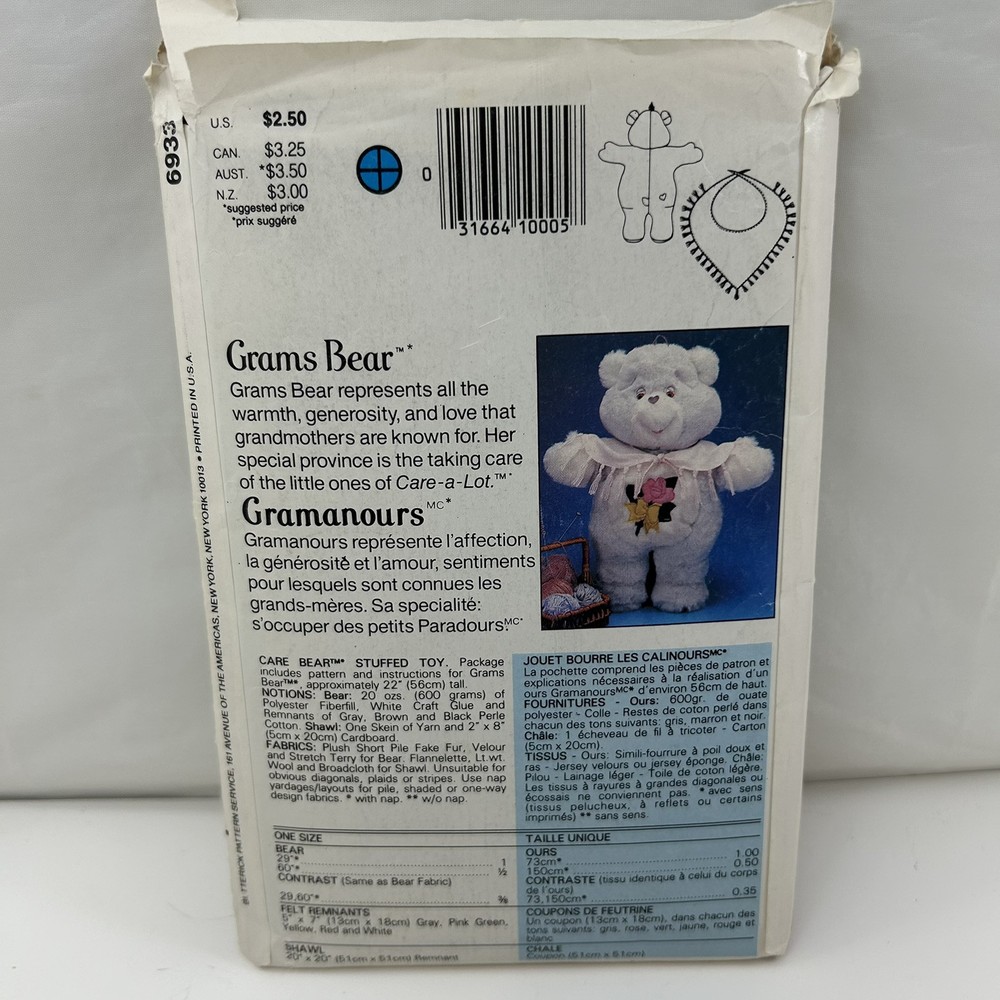 CARE BEARS GRAMS BEAR BUTTERICK PATTERN #6933-UNCUT-1984