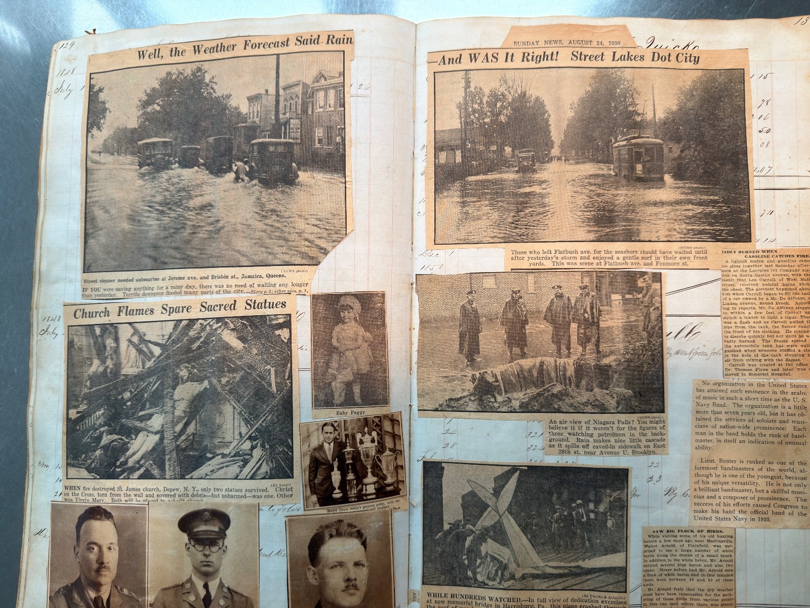 Large Newspaper Clipping Scrapbook NY/NJ 1920s-30s on 1840s Leatherbound Ledger