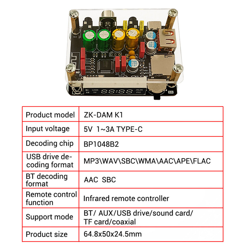 ZK-DAM-K1 DSP Tuning Preamp Bluetooth Decoder Board U Disk Sound Card Decoding