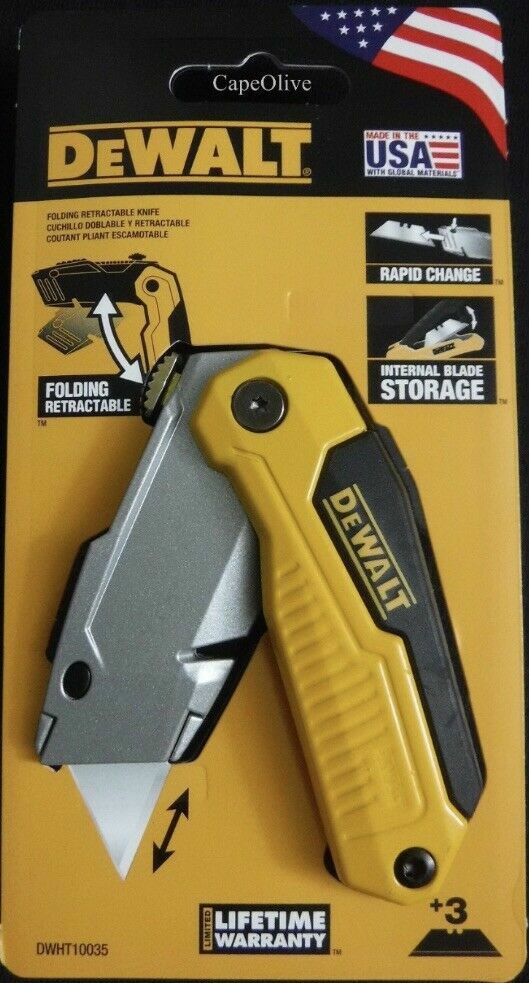 DEWALT FOLDING RETRACTABLE KNIFE RAPID BLADE CHANGE DWHT10035 W/3 BLADES 5408737