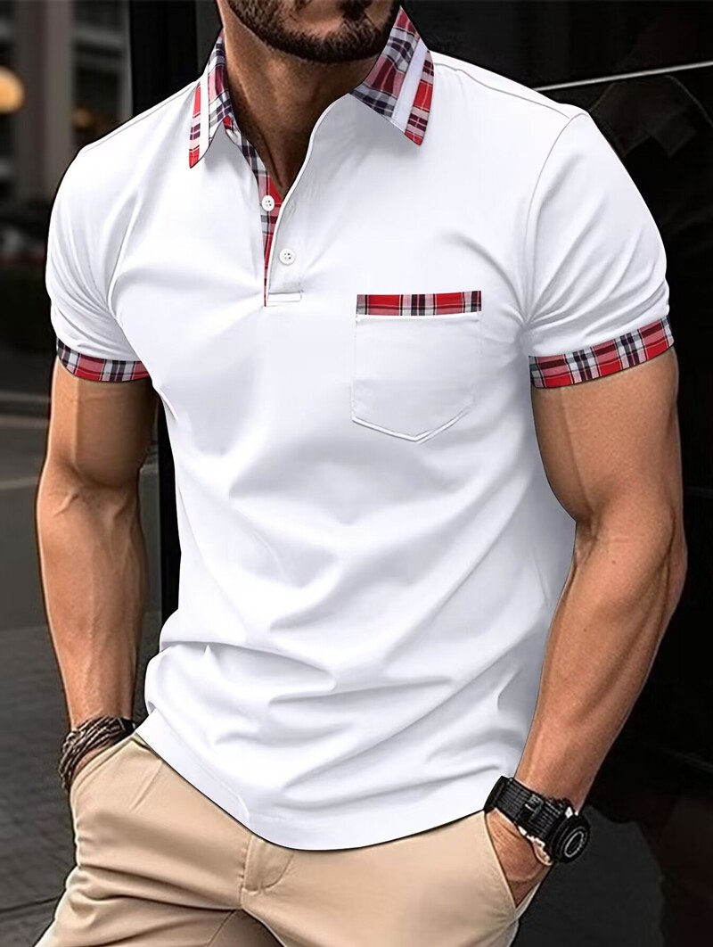 Polo Men's Golf Polo Shirt Button Collar Pocket Off White Red