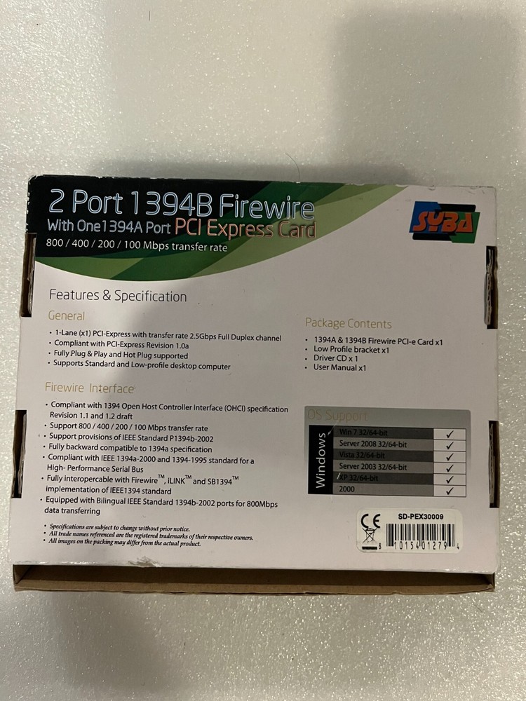SYBA 2 Port 1394B firewire Empty Box w/ Driver CD, Manual & Low Profile Bracket
