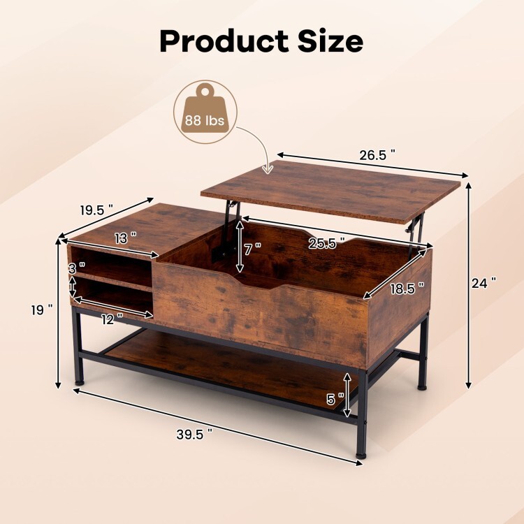 Lift Top Coffee Table, Hidden Storage Space Removable Storage Rack 2 Compartment