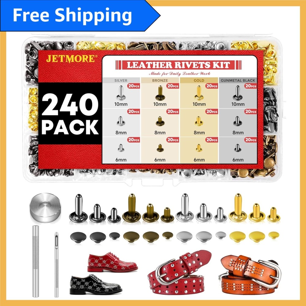 Leather Rivets Kit - 240 Double Cap Brass Sets with Tools & Storage Box