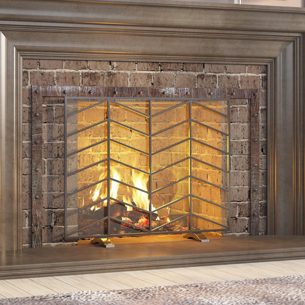 Single Panel Handcrafted Wrought Iron Mesh Chevron Fireplace Screen, Fire Spa...