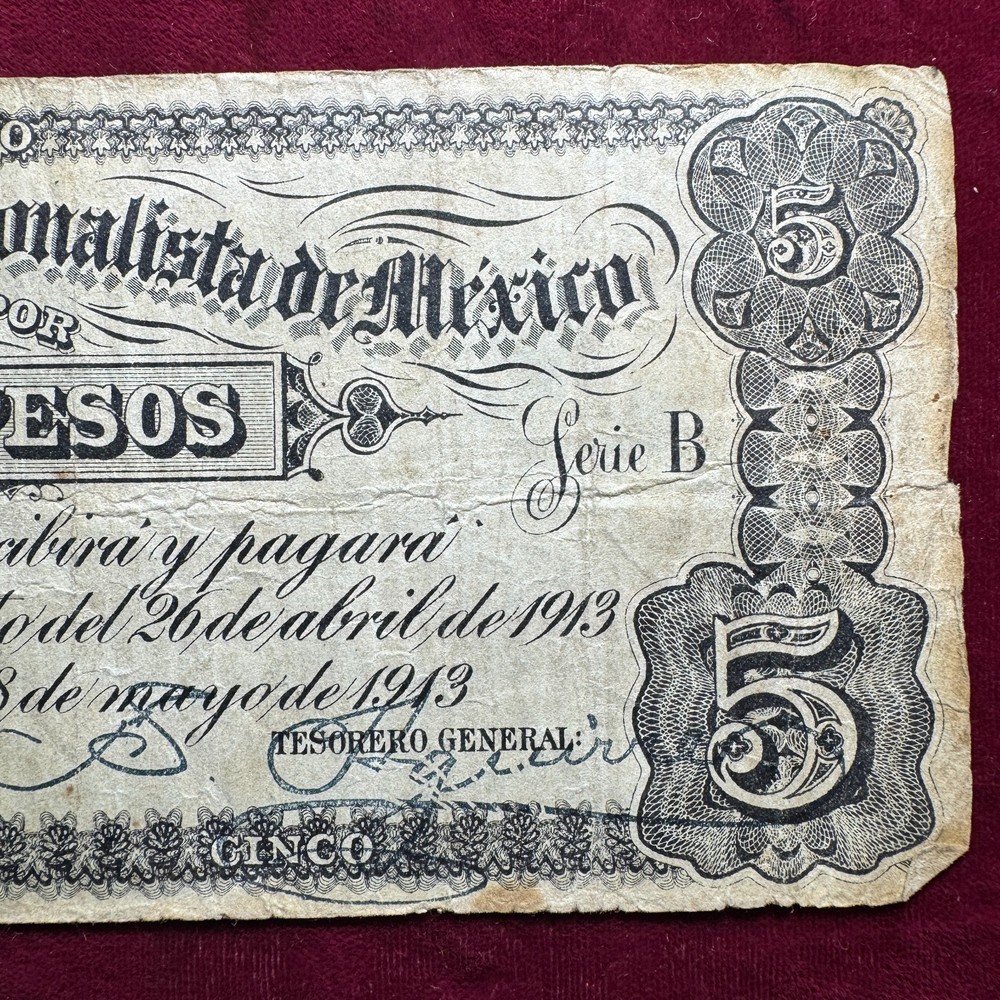 1913 Mexico 5 Pesos Note 33873