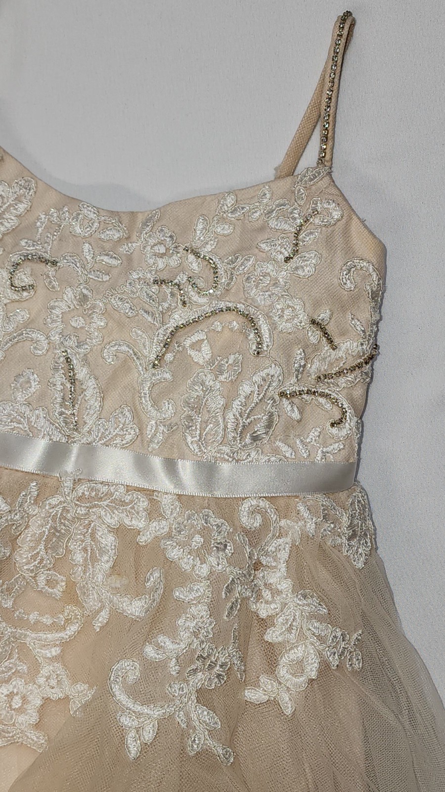 $180 Davids Bridal Ivory Floral Applique Spaghetti Strap Flower Girl Dress Sz 4