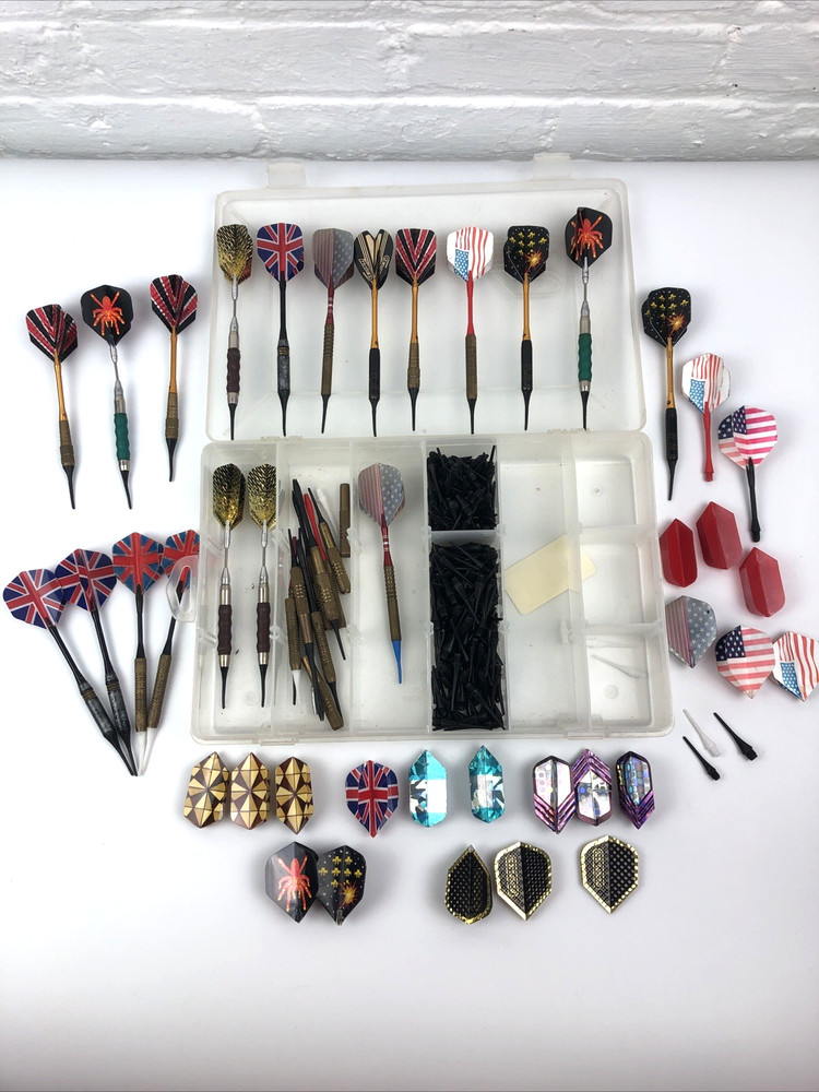Plastic Soft Tip Throwing Darts Shafts Tips Feathers Some VTG + Plastic Case