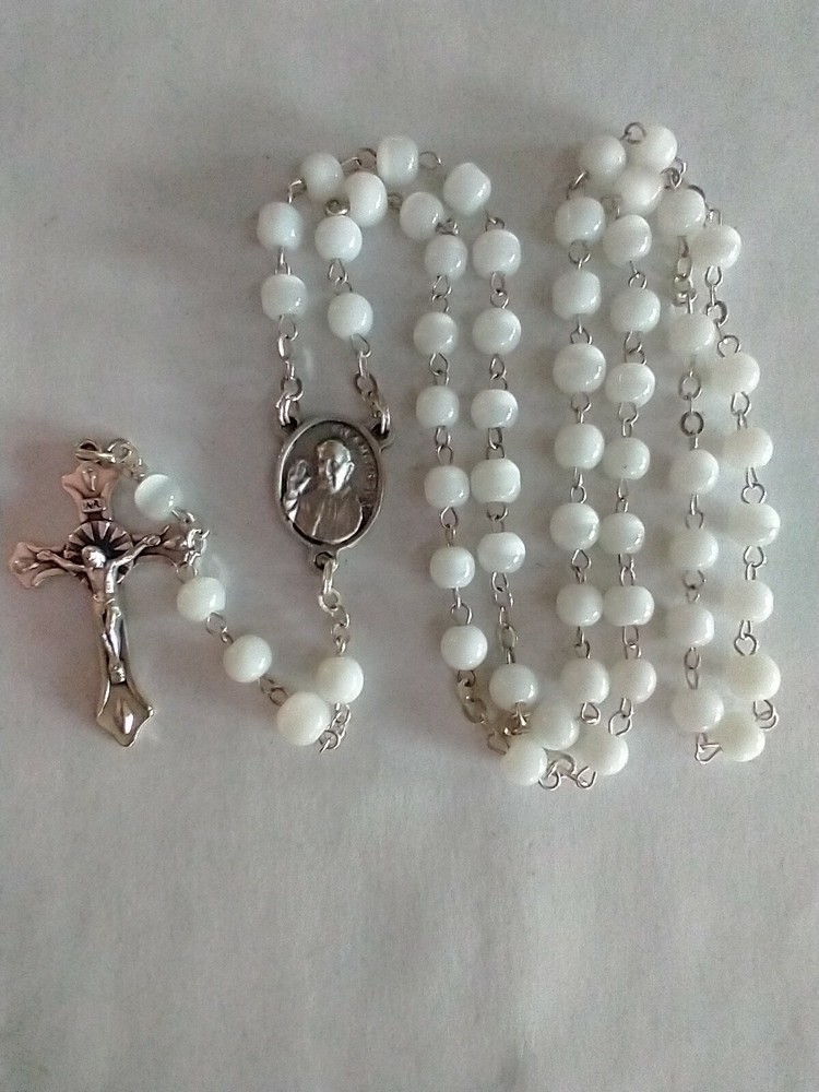 Vintage Catholic White Glass Rosary 17"