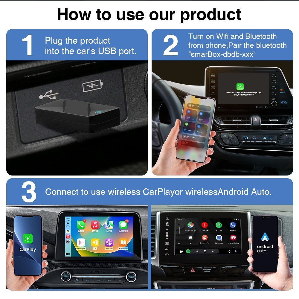 USB Wireless CarPlay Adapter for Apple iPhone & Android Auto Dongle Plug ＆ Play