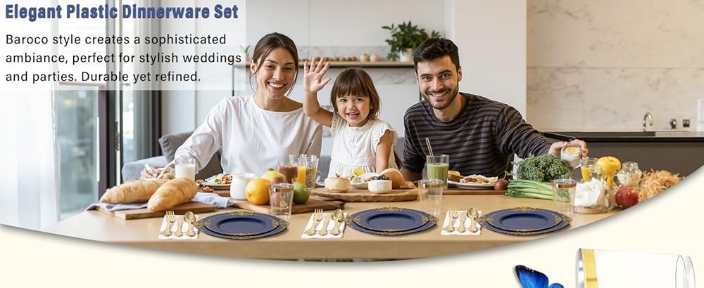 Blue Plastic Plates - Blue Gold Plastic Dinnerware Set Disposable
