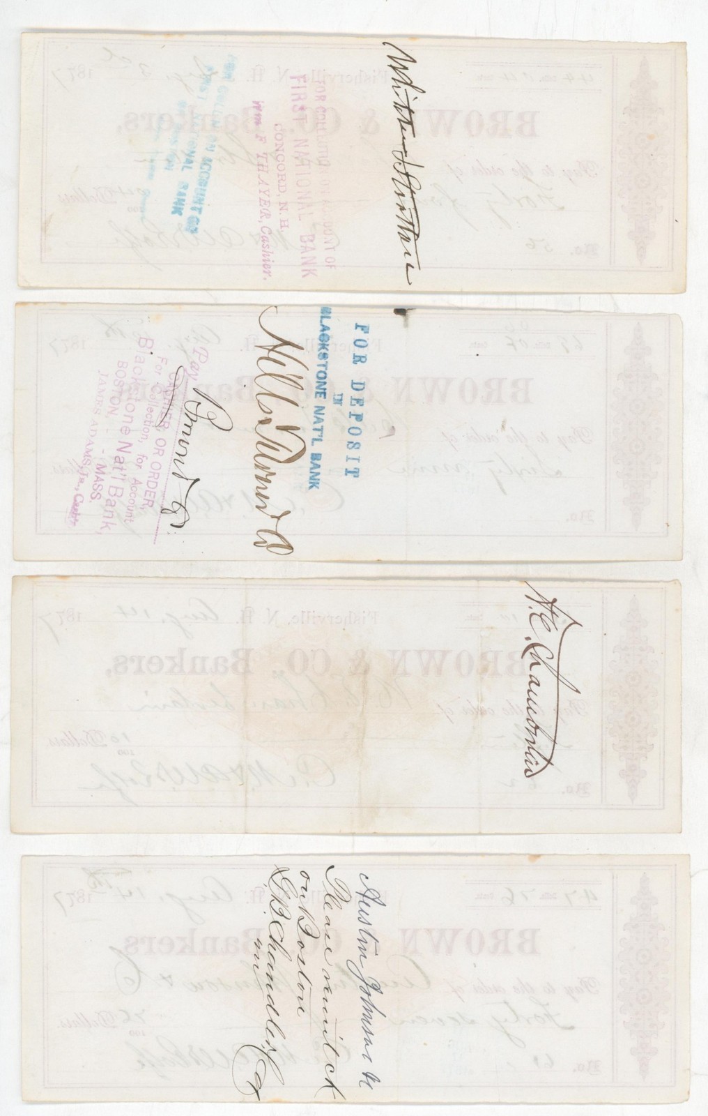 1877 Brown Co Bankers Fisherville NH Checks Lot 4 Revenue Stamp Draft Banking US