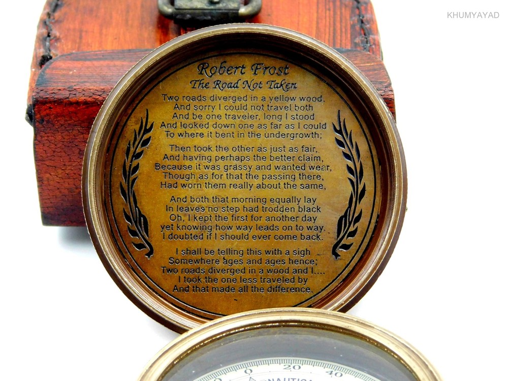 Brass Hand Made Fully Functional Compass with Leather Case & Robert Frost Poem E