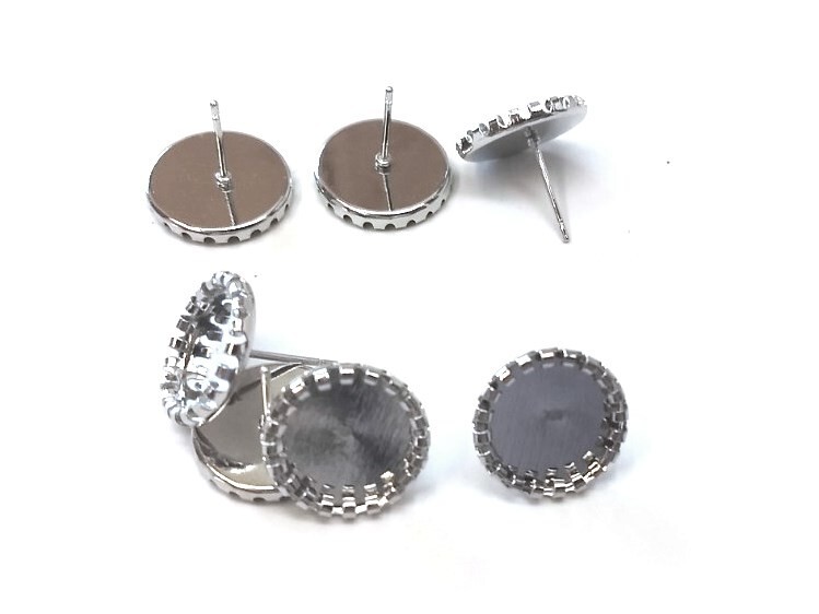 10 pcs. Silver Tone Earring Posts Studs Bezels Cabochons Tacks 12mm Bubble Frame