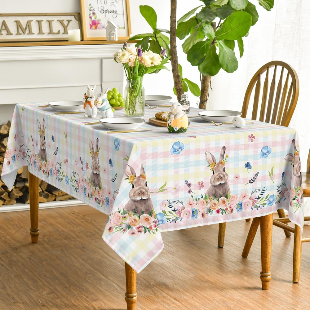Easter Tablecloth 60×140 Inch Rectangular, Colorful Spring Flower Buffalo Pla...