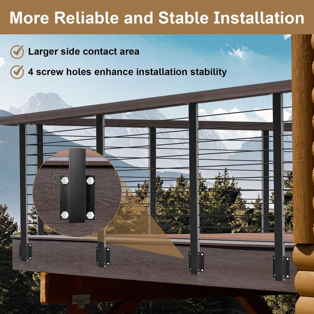 4 Pack Side Mount Stair Cable Railing Post 44"x2"x2" Level Drilled Post Black