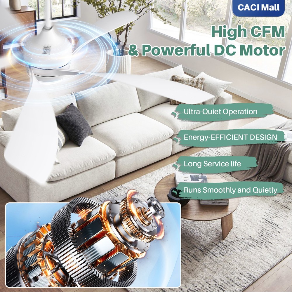 52inch White,Ceiling Fan,3-Color LED,Memory Function,6 Adjustable Speeds,Remote.