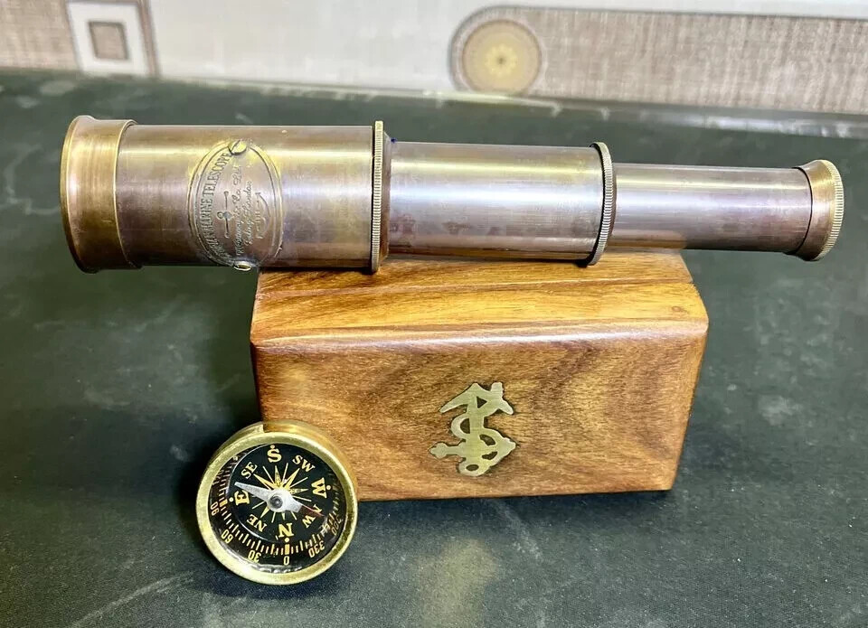 Box Wooden Brass Compass Telescope Antique Nautical Gift Marine Vintage Gift