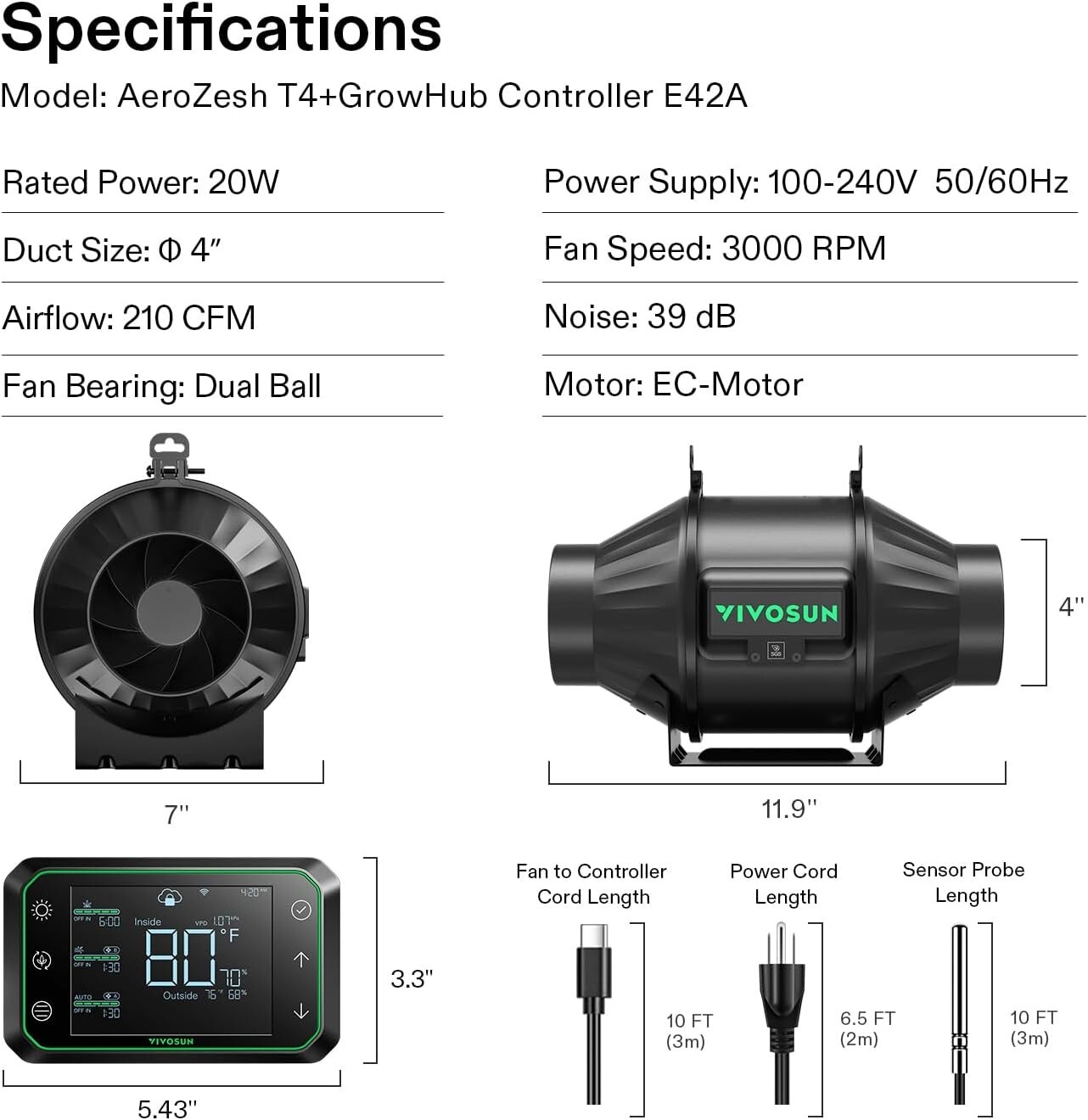 VIVOSUN AeroLight A100SE 100W LED,T4 210CFM Inline Duct Fan,E42A WiFi-Controller