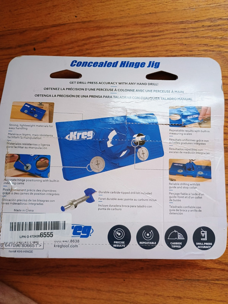 Kreg Concealed Hinge Jig Drill Guide Tool KHI-HINGE Euro Hinges Bit
