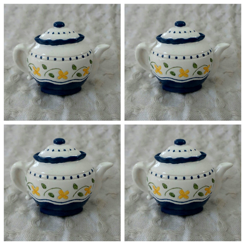 4 Avon Gift Collection TEAPOT KETTLE Drawer Pull Knob Painted Whimsy White Blue