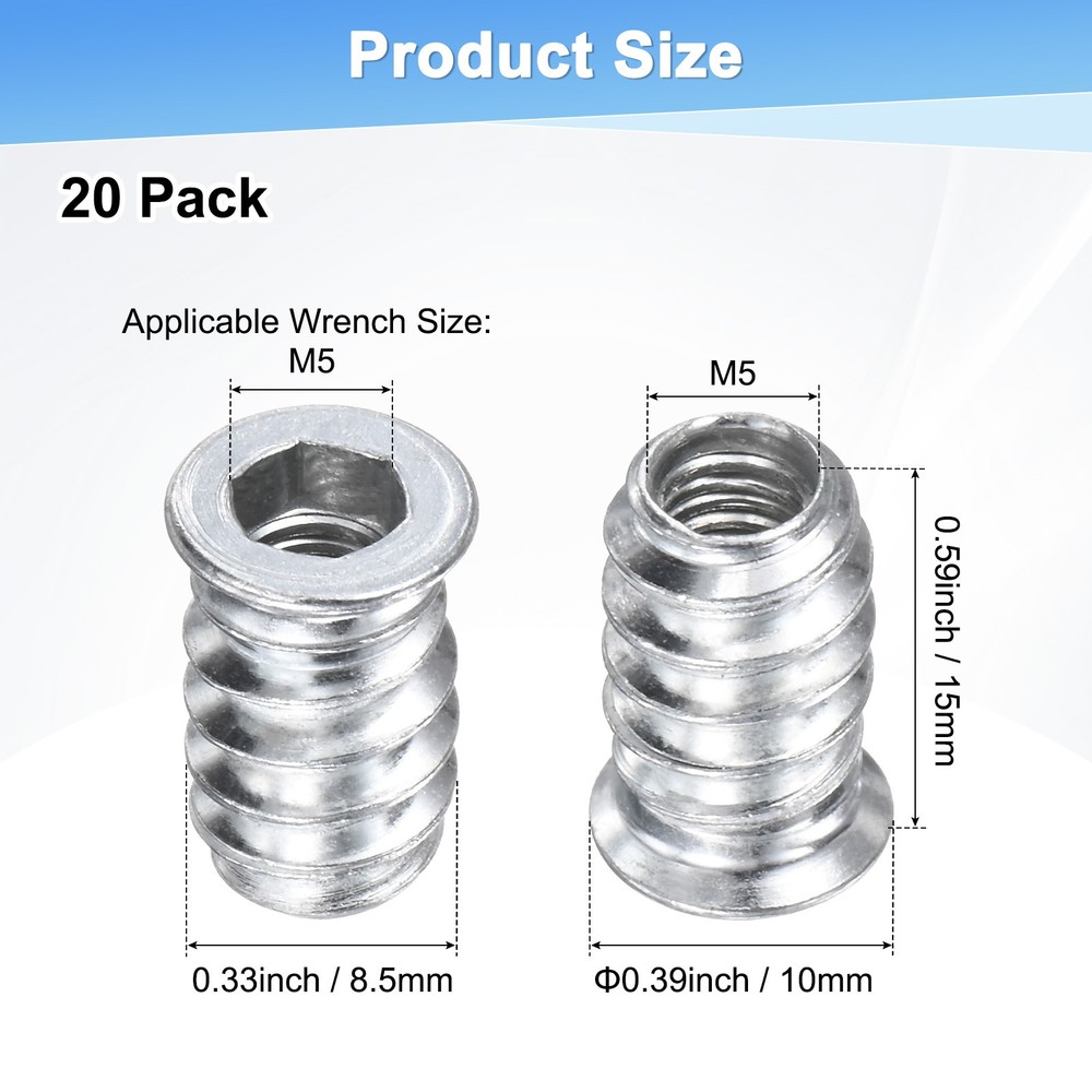 20-Pack Threaded Inserts for Wood, M5x15mm Threaded Insert Nuts [Silver Tone]