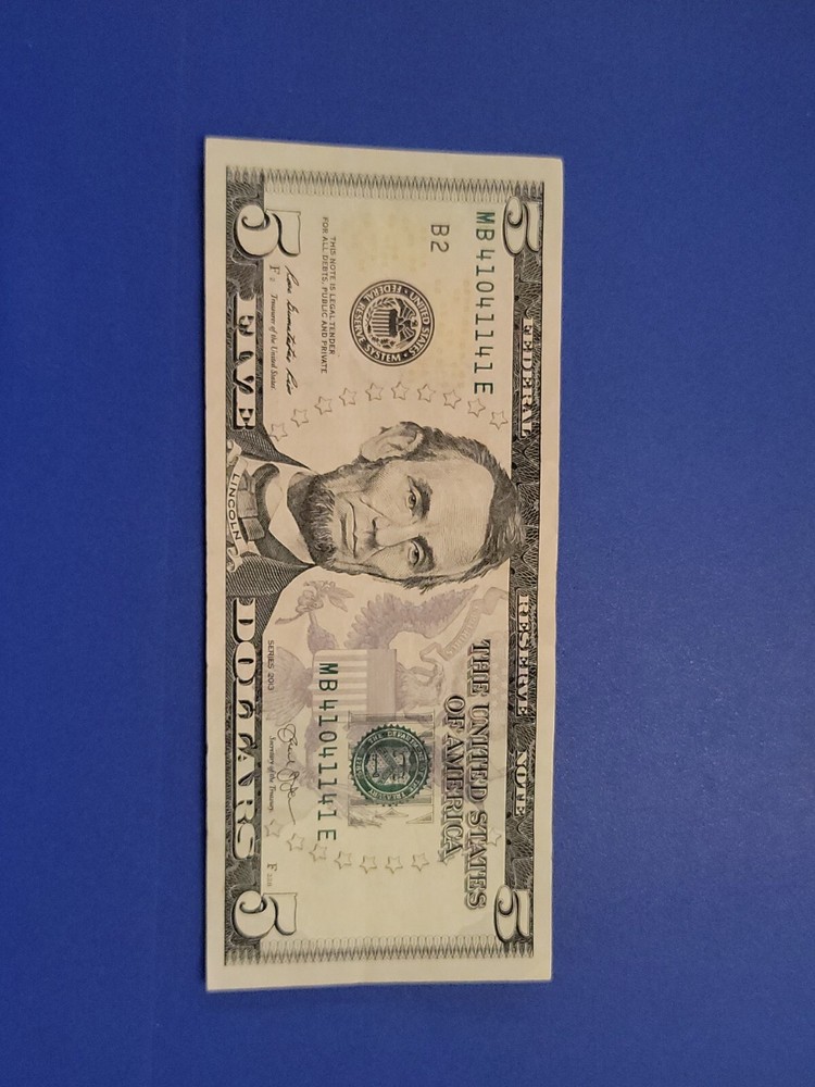 $FIVE DOLLAR BILL Trinary Repeater Fancy Serial Number with bleed through error!