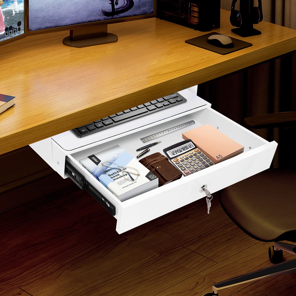 Under Table Sliding Drawer Pull Out Storage Box White Metal Desk Organizer