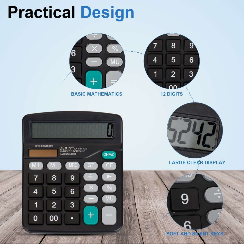 Large 12-Digit Calculator Big Button Desktop Math Display Solar Battery Powered