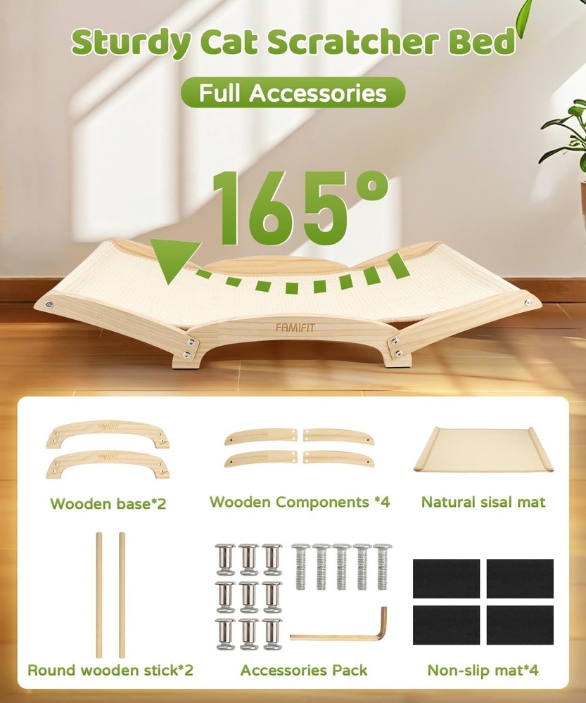 Large Sisal Cat Scratcher Bed with Solid Wood Base, Durable Scratch & Rest 2-...