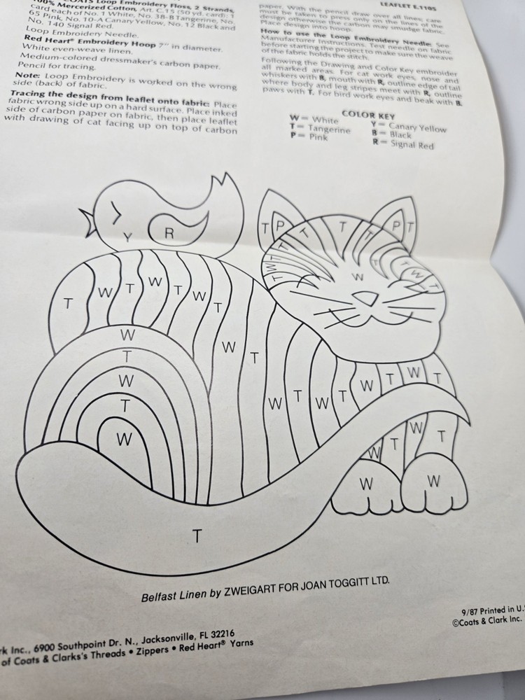 Loop Embroidery Pattern Coats And Clark 1987 Cat And Bird Pattern Unused