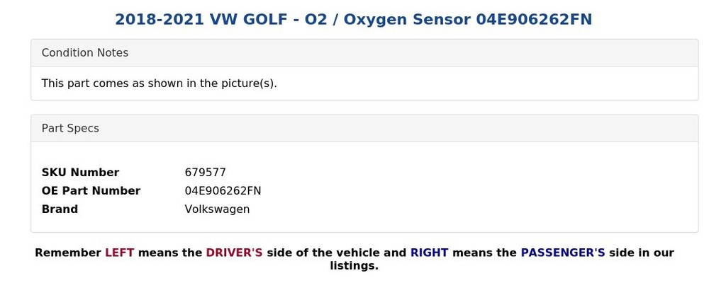 2018-2021 VW GOLF - O2 / Oxygen Sensor 04E906262FN