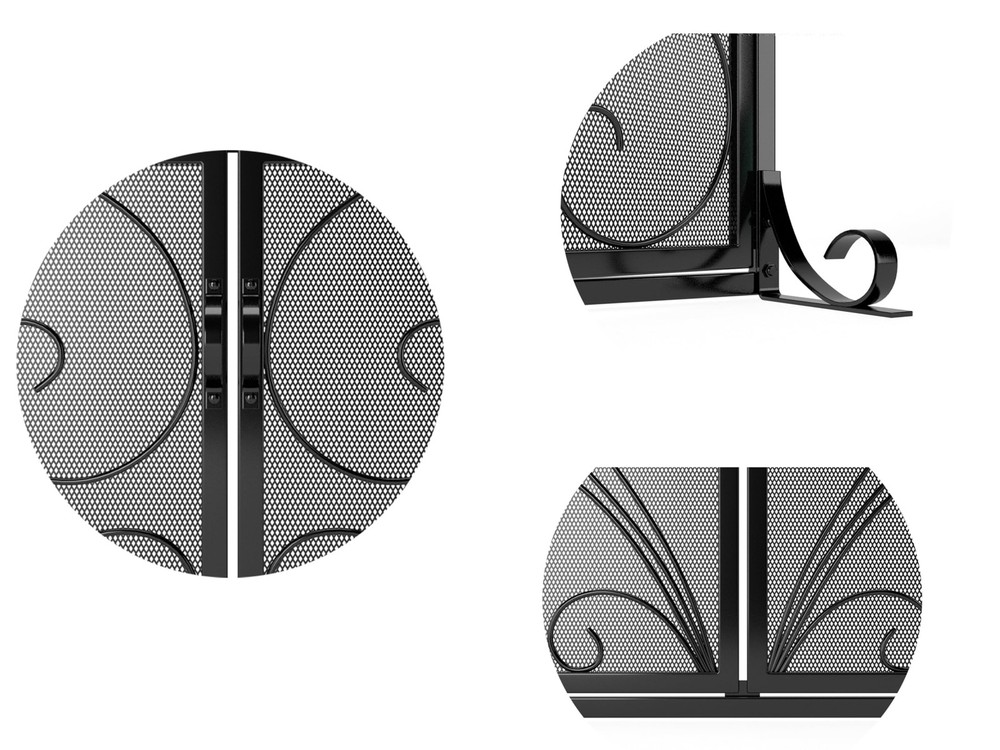 Flat Fireplace Screen with Doors,Solid Wrought Iron Frame with Metal Mesh, Fl...