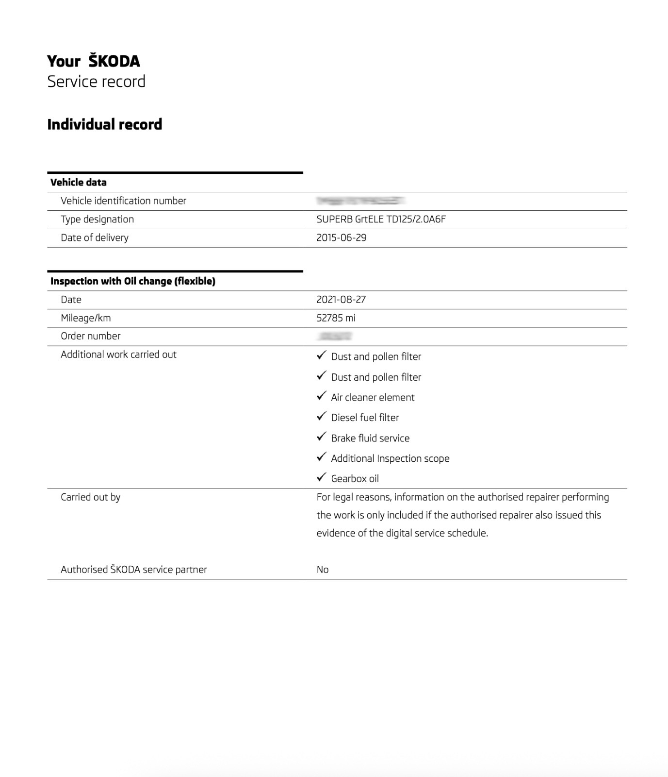 Skoda Service History Records (Service Report)