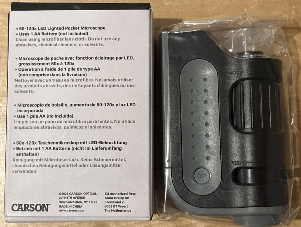 Carson MicroBrite Plus Led Pocket Microscope 60X 120X; New in Box!