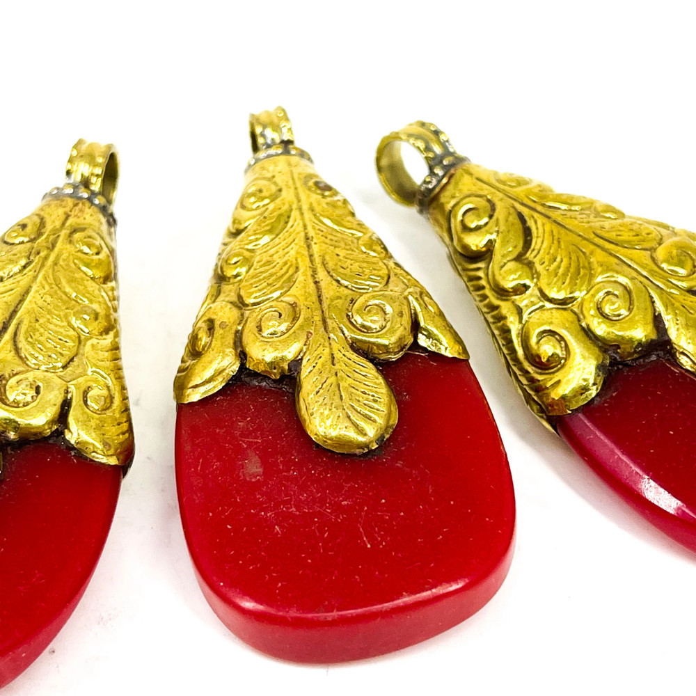 3 Red Tibetan Brass Repousse Pendants