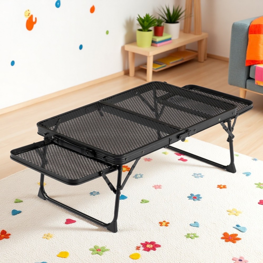 3ft Folding Camping Wire Mesh Table - Side Wings Adjustable Aluminum Frame Black