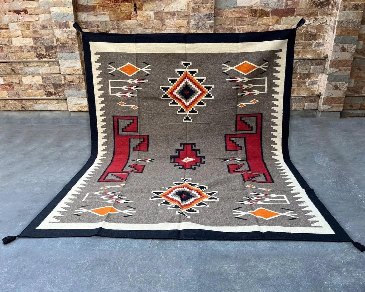 Southwest Native American Indian Boho Ganado Navajo Wool Rug Two Grey Hill Rugs