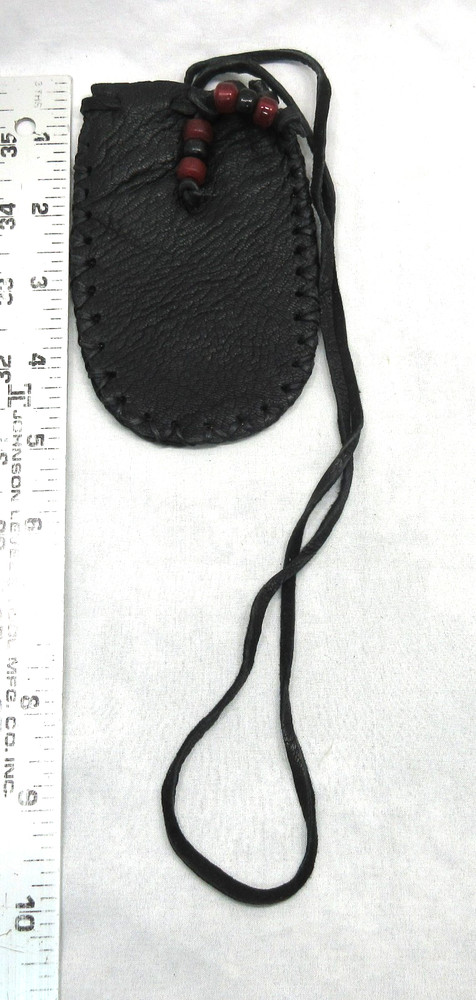 Native American Black Leather Pouch, Red/Black Beads, Cherokee Made, COA #723