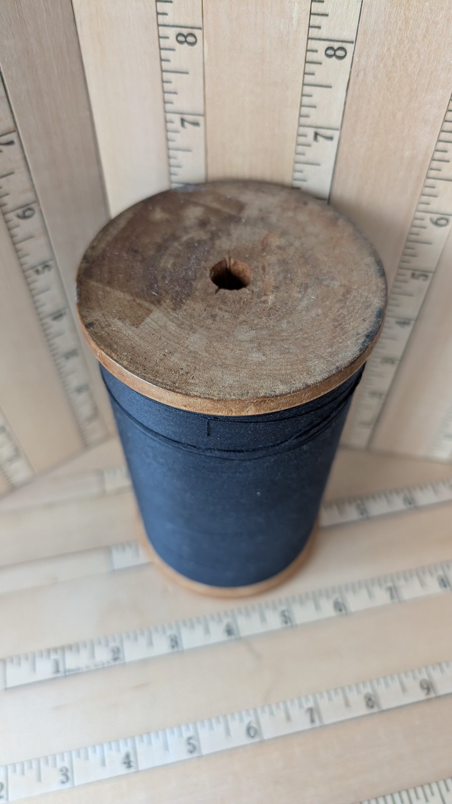 Antique Giant Spool of Thin Thread Wood Spool Black Colored Thread 6" Tall X3.5"