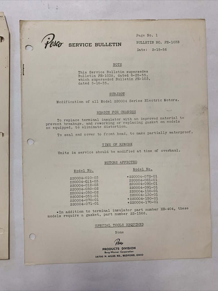 Pesco Servicescript Model 220004 Series Dated June 1, 1951 - Original