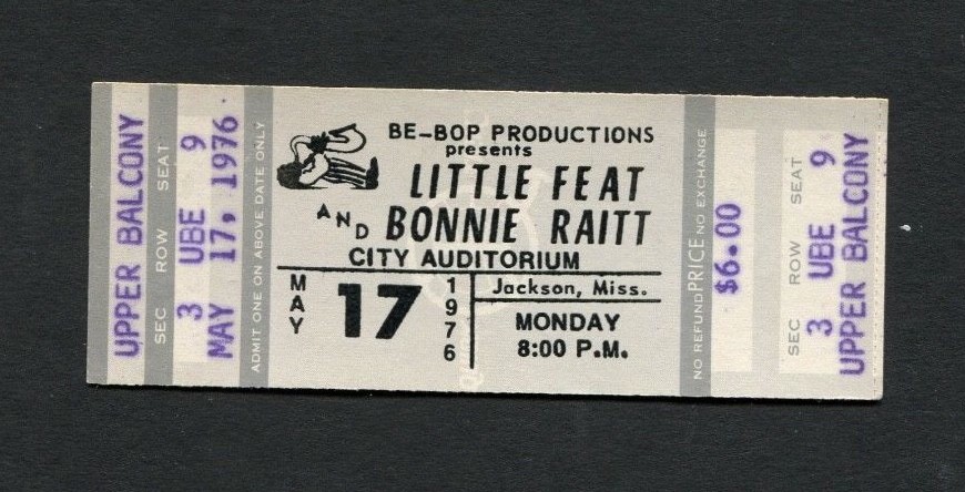 1976 Little Feat Bonnie Raitt Unused Concert Ticket The Last Record Album Tour