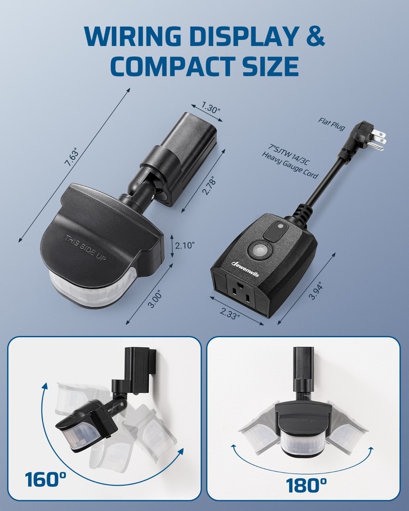 DEWENWILS Motion Sensor Plug Outdoor 50FT Detection 4 Modes Weatherproof