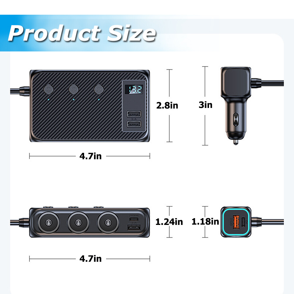 9in1 Car Cigarette Lighter Socket Splitter USB C Plug Fast Charging 3Way Adapter