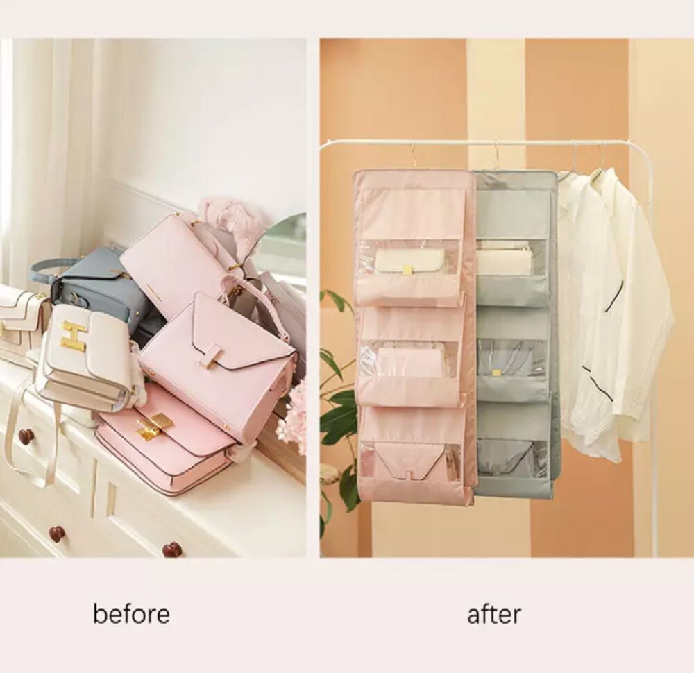 Hanging Handbag Organizer for Wardrobe - 6 Pocket Shelf Bag Storage Holder