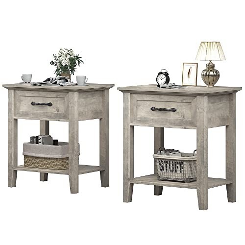 2pcs Nightstand End Table Side Table with Drawer for Bedroom Bedside Table Gray