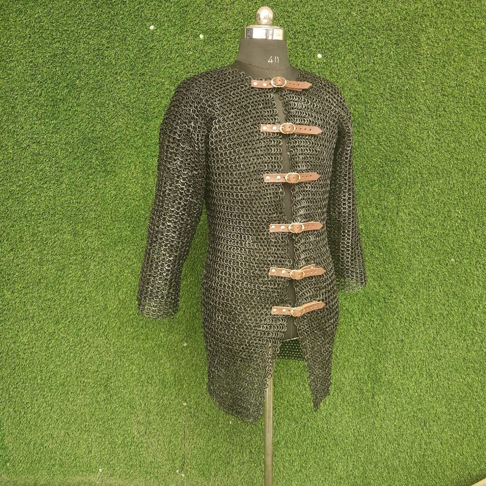 9mm Chainmail Shirt – Flat Riveted with Solid Rings, Black Haubergeon