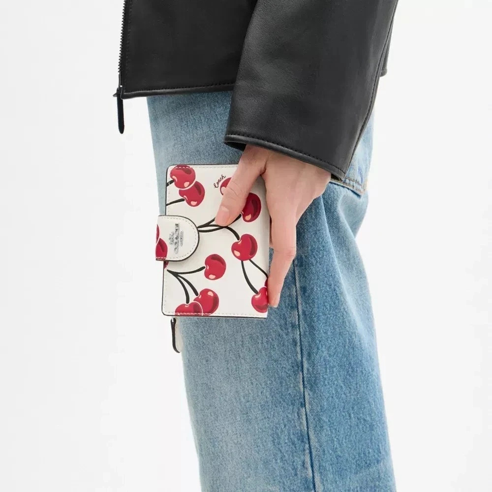 Coach Medium Corner Zip Wallet With Cherry Print Chalk Multi CZ762 with Box