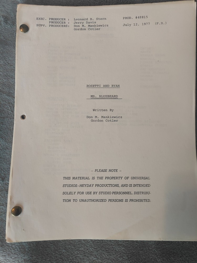 Rosetti and Ryan "Ms. Bluebeard" Tv Show Script 1977 Crime Show S1 E4
